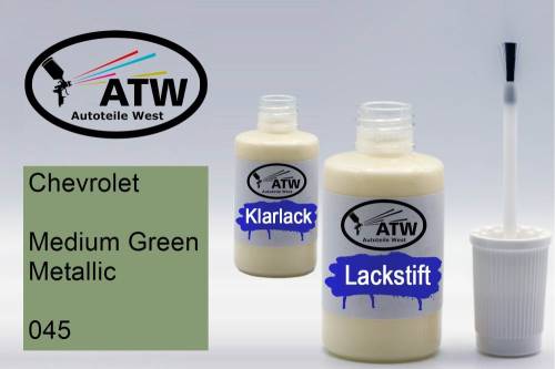 Chevrolet, Medium Green Metallic, 045: 20ml Lackstift + 20ml Klarlack - Set, von ATW Autoteile West.